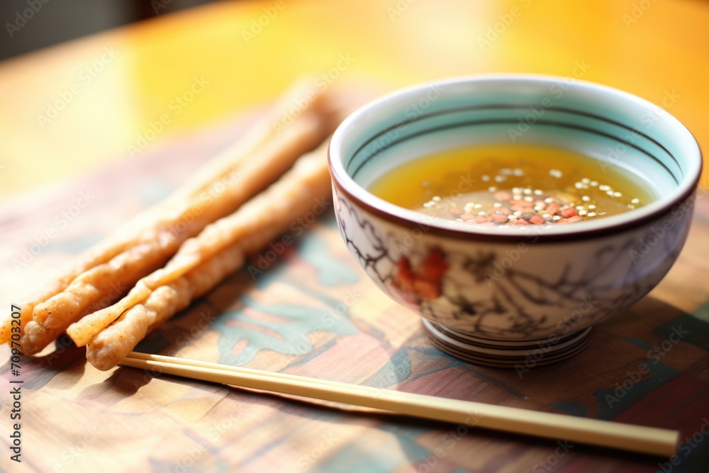 breadstick next to a bowl of soup, ready to dip breadstick next to a bowl of soup, ready to dip