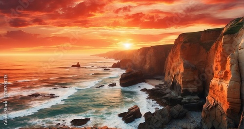 A dramatic coastal cliffs with waves crashing against rugged rocks. Show a fiery sunset casting warm hues over the cliffs, with seabirds gliding in the salty breeze. - Generative AI