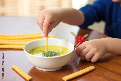 child胢s hand dipping bread stick into broccoli cheddar soup