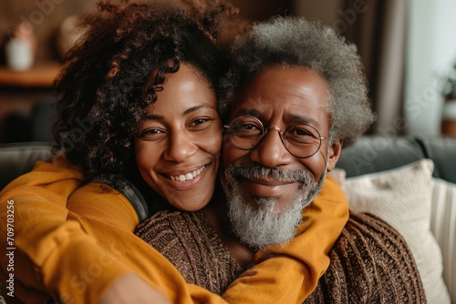 Afro-American elderly couple enjoys caring for one another indoors. Generative Ai. photo