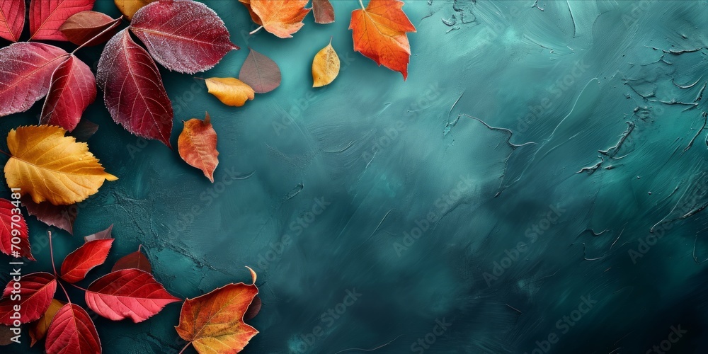 Bright autumn leaves scattered on a textured, dark teal background with a subtle frosty overlay.