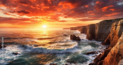 A dramatic coastal cliffs with waves crashing against rugged rocks. Show a fiery sunset casting warm hues over the cliffs  with seabirds gliding in the salty breeze.  - Generative AI