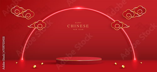 Podium stage chinese style for chinese new year and festivals or mid autumn festival with red background. mock up stage with festive lanterns and clouds. vector design.