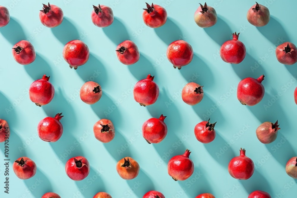 Pattern of fresh pomegranates on a pastel blue background, ideal for healthy eating and nutrition themes.. Pattern of fresh pomegranates on a pastel blue background, ideal for healthy eating and nutrition themes..