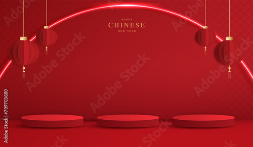 Podium stage chinese style for chinese new year and festivals or mid autumn festival with red background. mock up stage with festive lanterns and clouds. vector design.