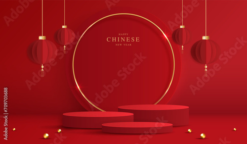 Podium stage chinese style for chinese new year and festivals or mid autumn festival with red background. mock up stage with festive lanterns and clouds. vector design.