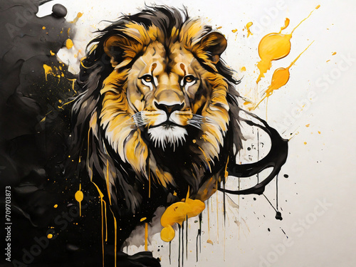 Portrait of a lion with yellow watercolor splashes. Created using generative AI tools