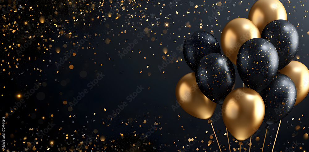 Fototapeta premium Black and golden balloons with gold sparkles high detailed black background with copy space for text