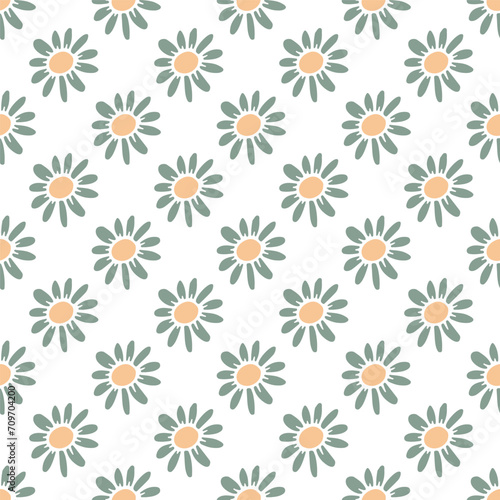 Ditsy seamless pattern with pretty flowers on white background. Retro floral repeat pattern.