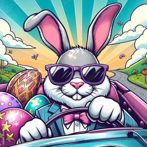 Osterhase mit Sonnenbrille in einem Cabrio fahrend