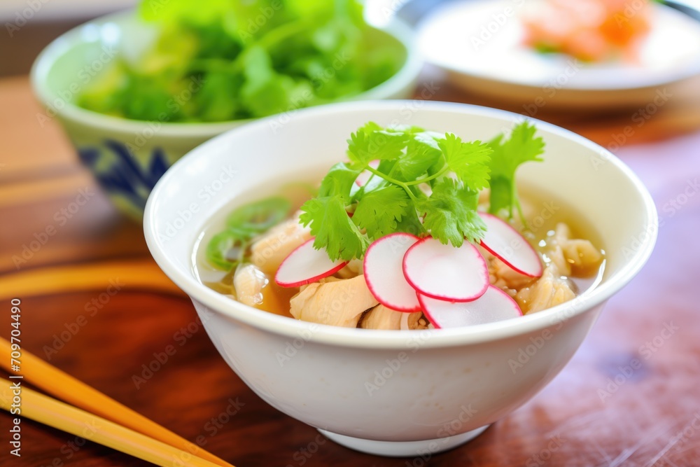 heaping bowl of pozole topped with radish and lettuce heaping bowl of pozole topped with radish and lettuce