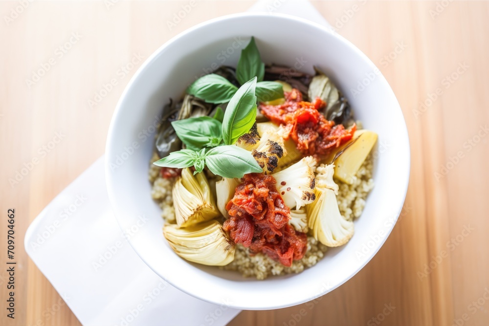 quinoa bowl with marinated artichokes and sundried tomatoes quinoa bowl with marinated artichokes and sundried tomatoes
