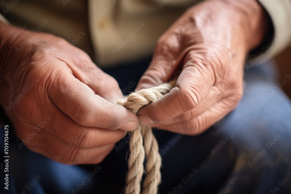 hands twisting natural fibers into rope