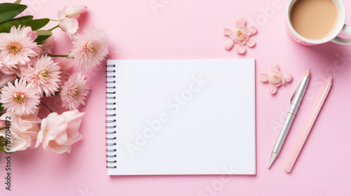 Top view of work desk with notepad, office supplies, flowers and creative clutter. Pink background. Generative AI © AngrySun