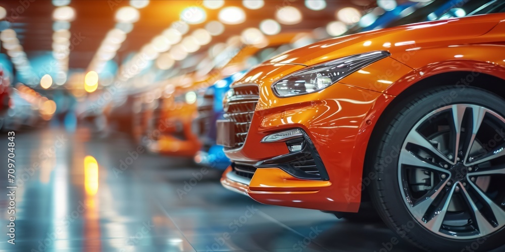Row of new cars at a dealership, with a focus on a vibrant orange car in the foreground. Row of new cars at a dealership, with a focus on a vibrant orange car in the foreground.
