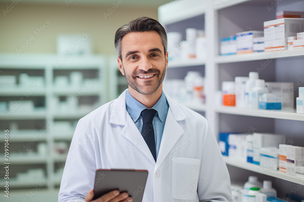 Pharmacist Smile Confident Man in White Coat with Clipboard and Medication