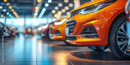 Row of new cars at a dealership, with a focus on a vibrant orange car in the foreground. © ParinApril