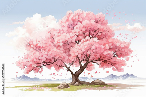illustration of cherry trees in fall. cherry blossom tree isolated on white background © AstamaAw