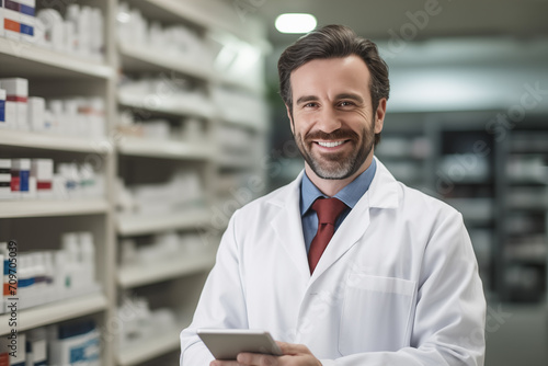 Pharmacist's Notes Smiling Man in White Coat Holding Clipboard and Medication photo