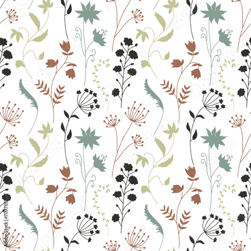 Seamless pattern with colorful wildflowers silhouettes on white background. Vintage ditsy floral repeat pattern