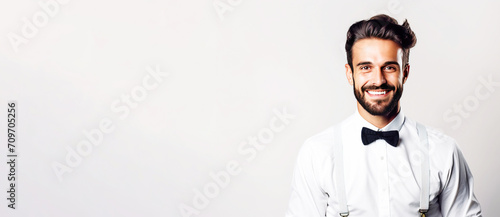 Close-up of a professional smiling male waiter in uniform, white background isolate. photo