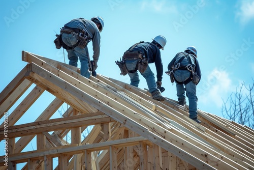 Drills are used by laborers to build a timber frame home. Generative Ai.