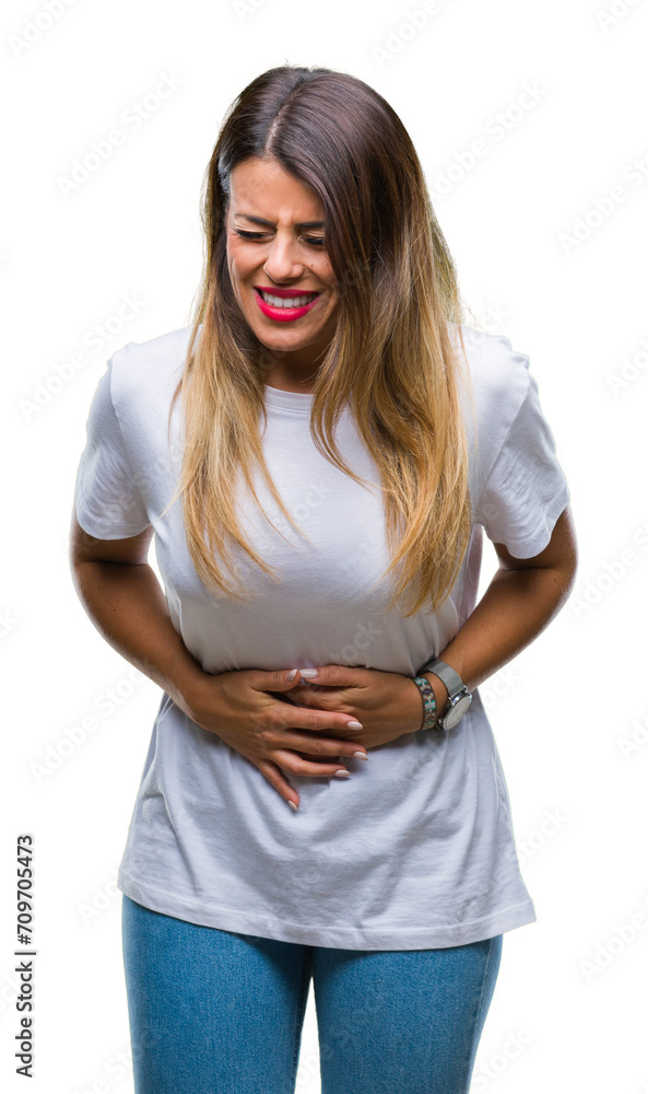 Young beautiful woman casual white t-shirt over isolated background with hand on stomach because indigestion, painful illness feeling unwell. Ache concept.