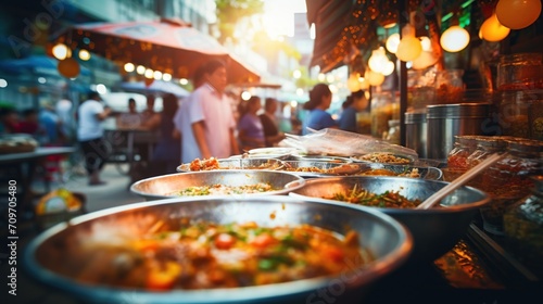 The warm glow of a food stall illuminates an array of cooked dishes, inviting passersby to indulge in the rich tapestry of flavors at a local street market.