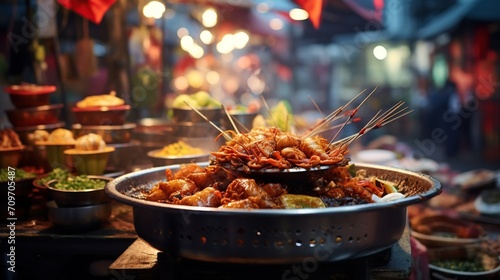 A street food stall offers a feast for the senses with a vibrant display of skewered shrimps and other local delicacies, amidst the lively ambiance of a bustling market.