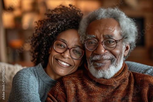 Afro-American elderly couple enjoys caring for one another indoors. Generative Ai. photo