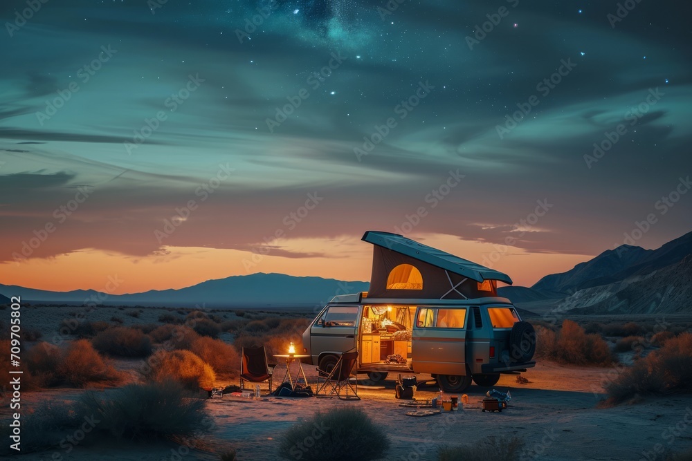 Campervan parked in a desert at twilight with a rooftop tent and chairs set outside. Campervan parked in a desert at twilight with a rooftop tent and chairs set outside.