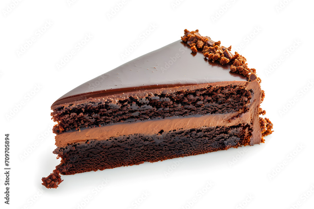 A piece of chocolate cake with cream on a white background. A piece of chocolate cake with cream on a white background.