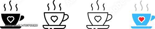 Heart on coffee cup. Linear, cup of coffee with heart icons. Vector icons