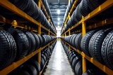 Rows of new tires stored on racks in a warehouse.