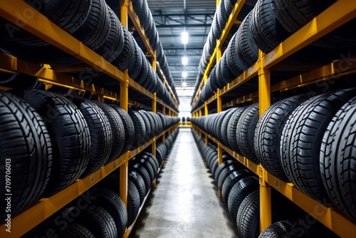 Rows of new tires stored on racks in a warehouse. photo