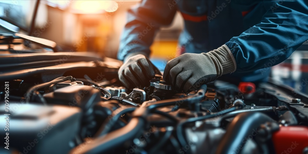 A mechanic with gloved hands working on a car engine, in a workshop with natural light highlighting the engine details. A mechanic with gloved hands working on a car engine, in a workshop with natural light highlighting the engine details.