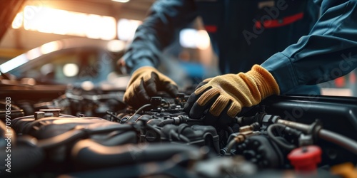 A mechanic with gloved hands working on a car engine, in a workshop with natural light highlighting the engine details.