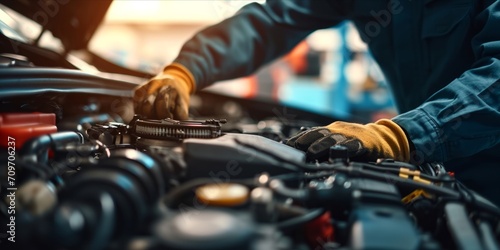 A mechanic with gloved hands working on a car engine, in a workshop with natural light highlighting the engine details.