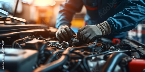 A mechanic with gloved hands working on a car engine, in a workshop with natural light highlighting the engine details.