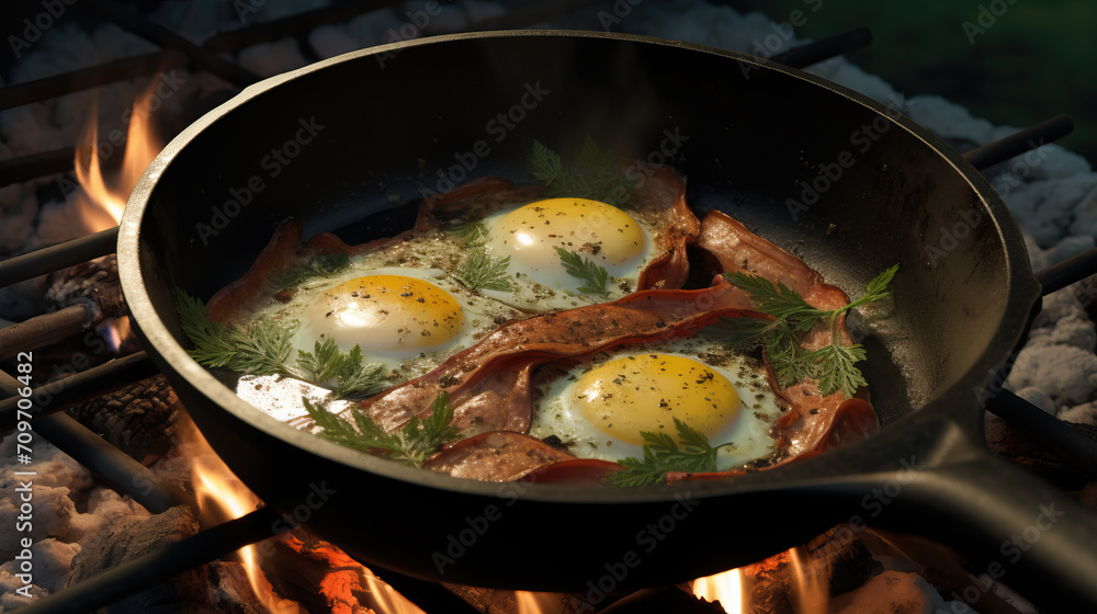 Bacon and eggs on an iron skillet created with Generative AI technology Bacon and eggs on an iron skillet created with Generative AI technology