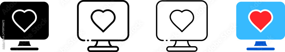 Hearts on the monitor screen icons. Different styles, a set of monitors with hearts. Vector icons Hearts on the monitor screen icons. Different styles, a set of monitors with hearts. Vector icons