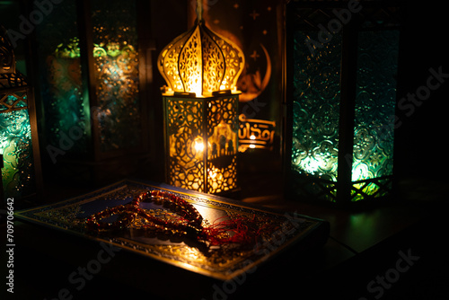 Rosary Beads and Koran (Quran) in the Colorful Ramadan Lanterns Ramadan Month Background Photo, Uskudar Istanbul, Turkiye (Turkey) photo