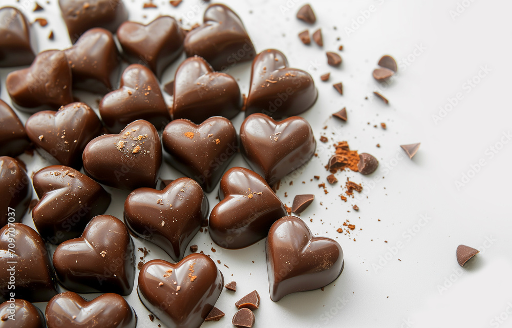 Fototapeta premium Heart-shaped chocolates on white background, copy space. Holiday, Valentine's day, love. Photorealistic, background with bokeh effect.