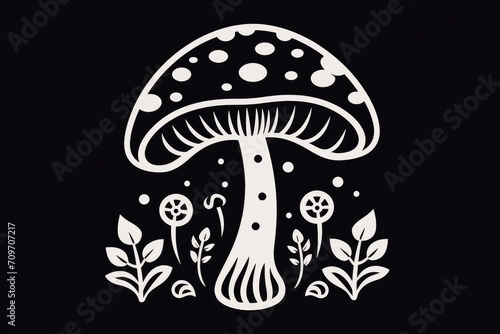 Mystical Monochrome Mushroom and Foliage Illustration - Nature's Artwork - Generative AI