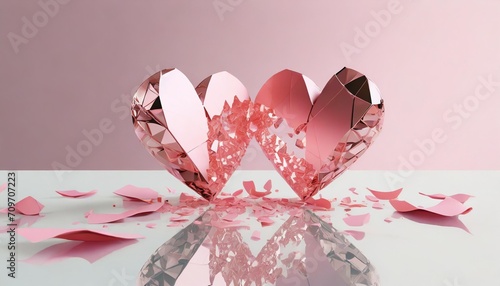 two broken hearts 3d design a couple shattered into pieces on white glass dramatic tragic modern color pastel pink black background realistic breakup concept with copy space illustration photo