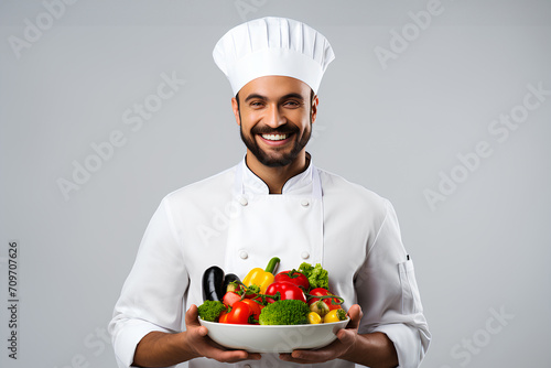 Half body male chef holding various of vegetables