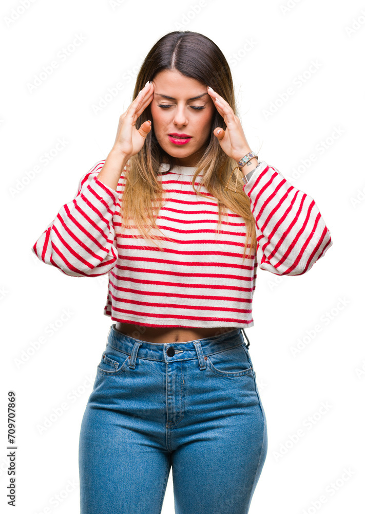 Young beautiful woman casual stripes winter sweater over isolated background with hand on head for pain in head because stress. Suffering migraine. Young beautiful woman casual stripes winter sweater over isolated background with hand on head for pain in head because stress. Suffering migraine.