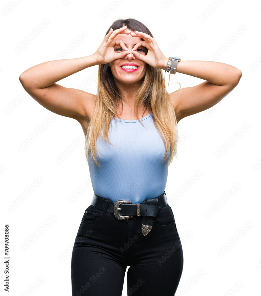 Young beautiful elegant business woman over isolated background doing ok gesture like binoculars sticking tongue out, eyes looking through fingers. Crazy expression. Young beautiful elegant business woman over isolated background doing ok gesture like binoculars sticking tongue out, eyes looking through fingers. Crazy expression.