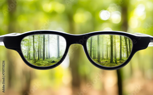 Clear nature in glasses on the background of blurred nature.Optometry, myopia,vision correction concept.Generative AI. 