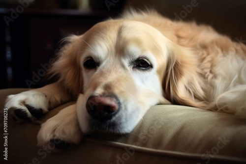 A cute dog finds comfort on the sofa, peacefully resting after a tiring day. Generative AI